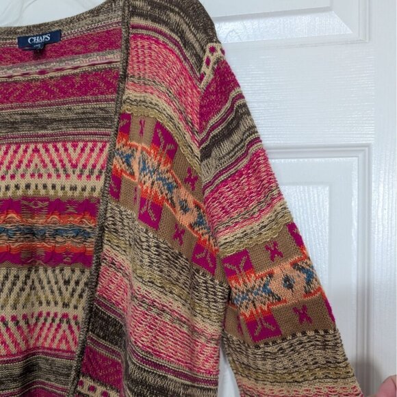 Chaps Fair Isle Cardigan Womens Size Large Pink Southwestern Boho Open Sweater - Picture 2 of 8